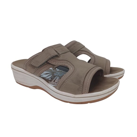 Clarks Collection Sandals Neutral Tan Comfort Wedge Slip On Adjustable Womens 7M - Picture 1 of 16